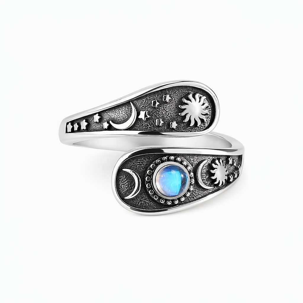 925 Sterling Silver Sun Moon Star Ring for Women